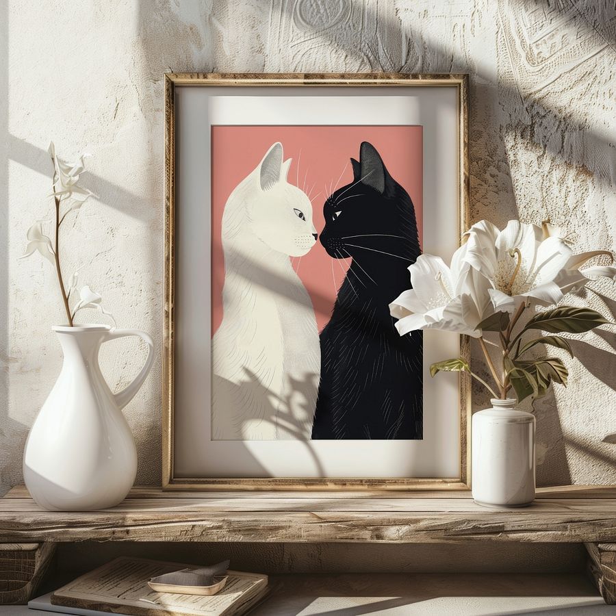 Lover Cats ~ Yin& Yang Valentine Felines Pastel Pink Art Print product image (19)