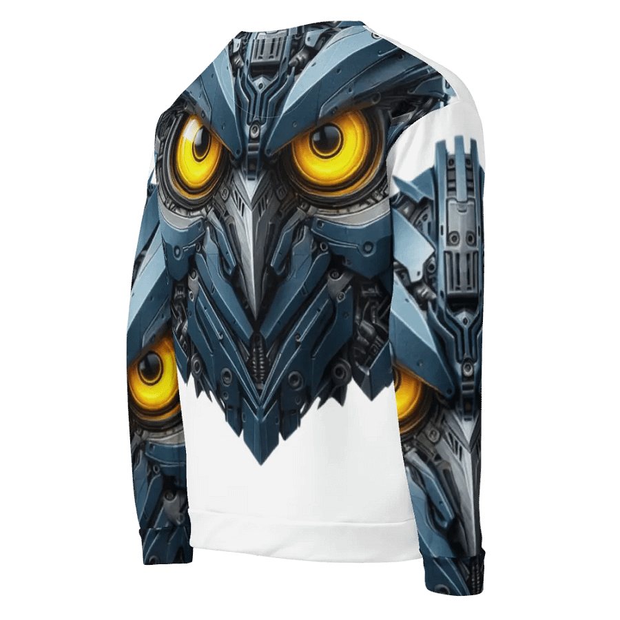 make an interesting title, White long sleeve men's t-shirt with metal owl robot design! Cool and modern product image (4)
