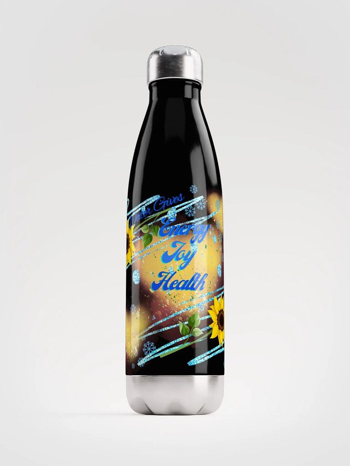 Stainless steal water bottle with beautiful sunflowerr blue water drops featuring ' This water gives Harmony in Body and Mind