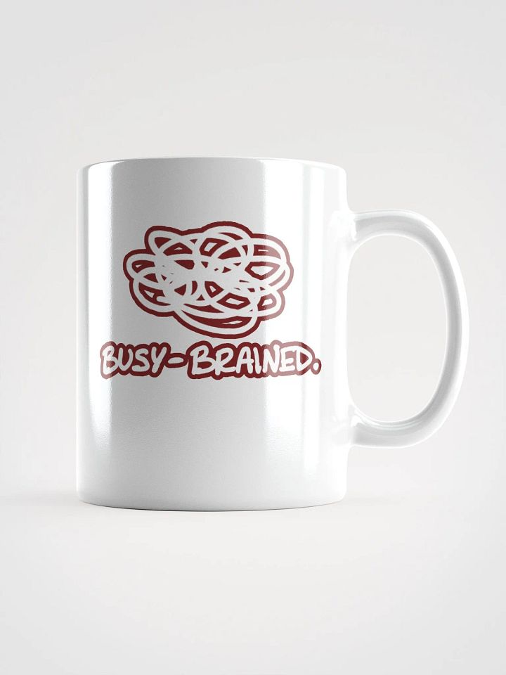 BUSY-BRAINED (lined design, #6D1616) glossy white mug product image (1)