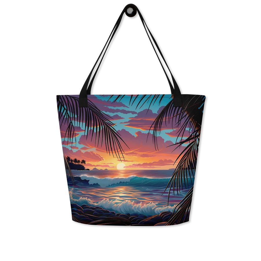 Tote Bag: Tropical Beach Sunset Swaying Palm Tree Leaves Ocean Waves Seascape Design product image (7)