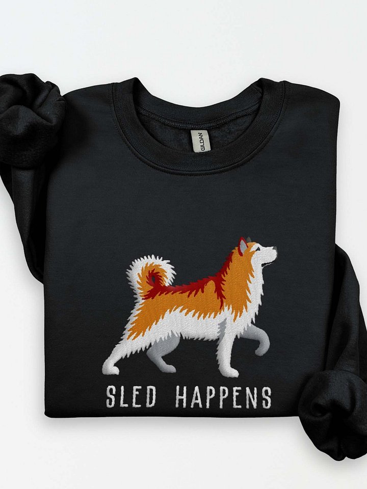 Sled Happens Sweatshirt (Embroidered) of an Alaskan Malamute(Brown & White) product image (1)