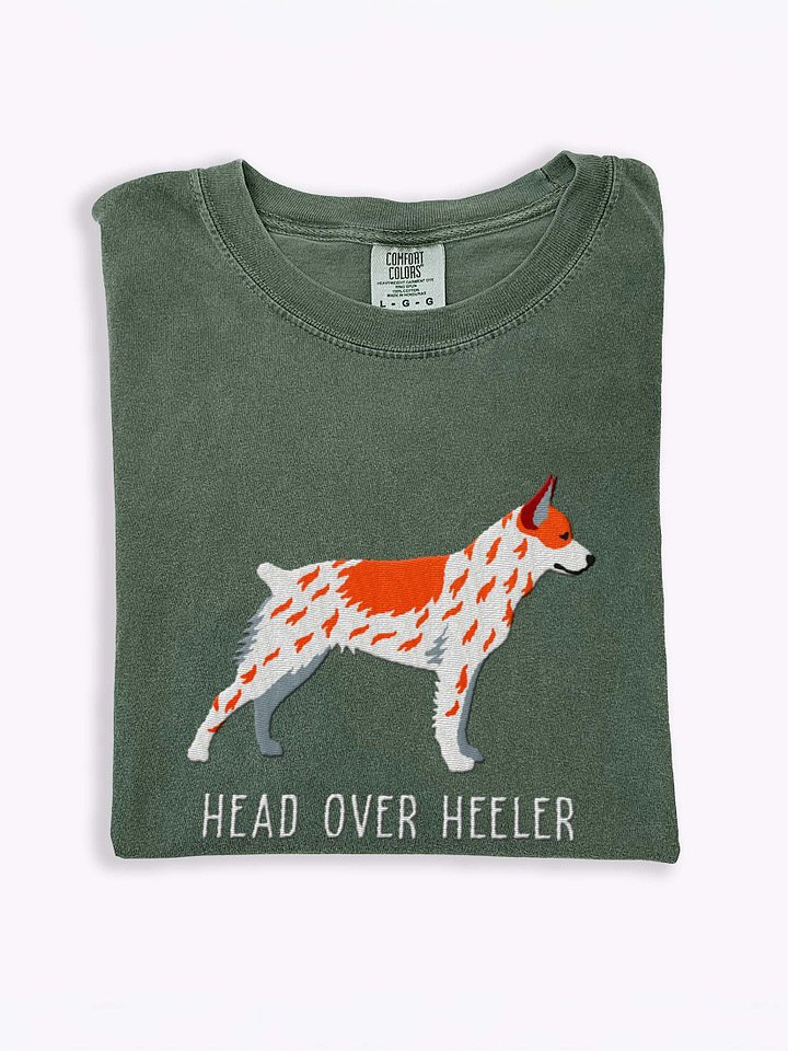 Head Over Heeler T-Shirt(Embroidered) of an Australian Cattle Dog(Red Heeler, Docked Tail) product image (1)