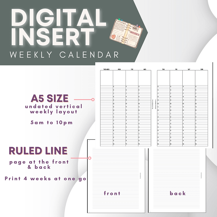 Undated Vertical Weekly Hourly Layout | A5 size product image (1)