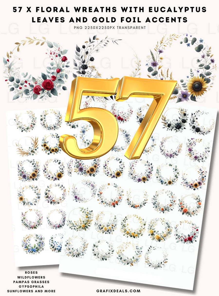 Graphics Bundle - 57 x Floral Wreaths - Commercial POD Use product image (1)