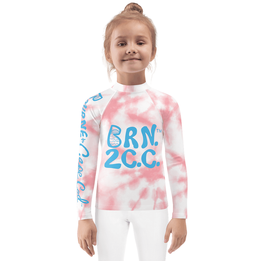 Girls' | Little KIDS | Rash Guard | BRN.2C.C.™ Front Print | BOURNE to Cape Cod™ Back & Sleeve Logo | Coastal UV Shirt for Active Kids | Slim Fit Swim Top | Blue Logo on Pink Tie-Dye product image (1)