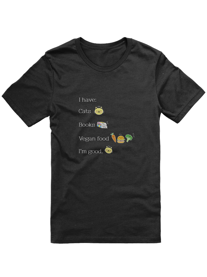 “Cats, Books, Vegan Food” Unisex Black T-Shirt product image (1)