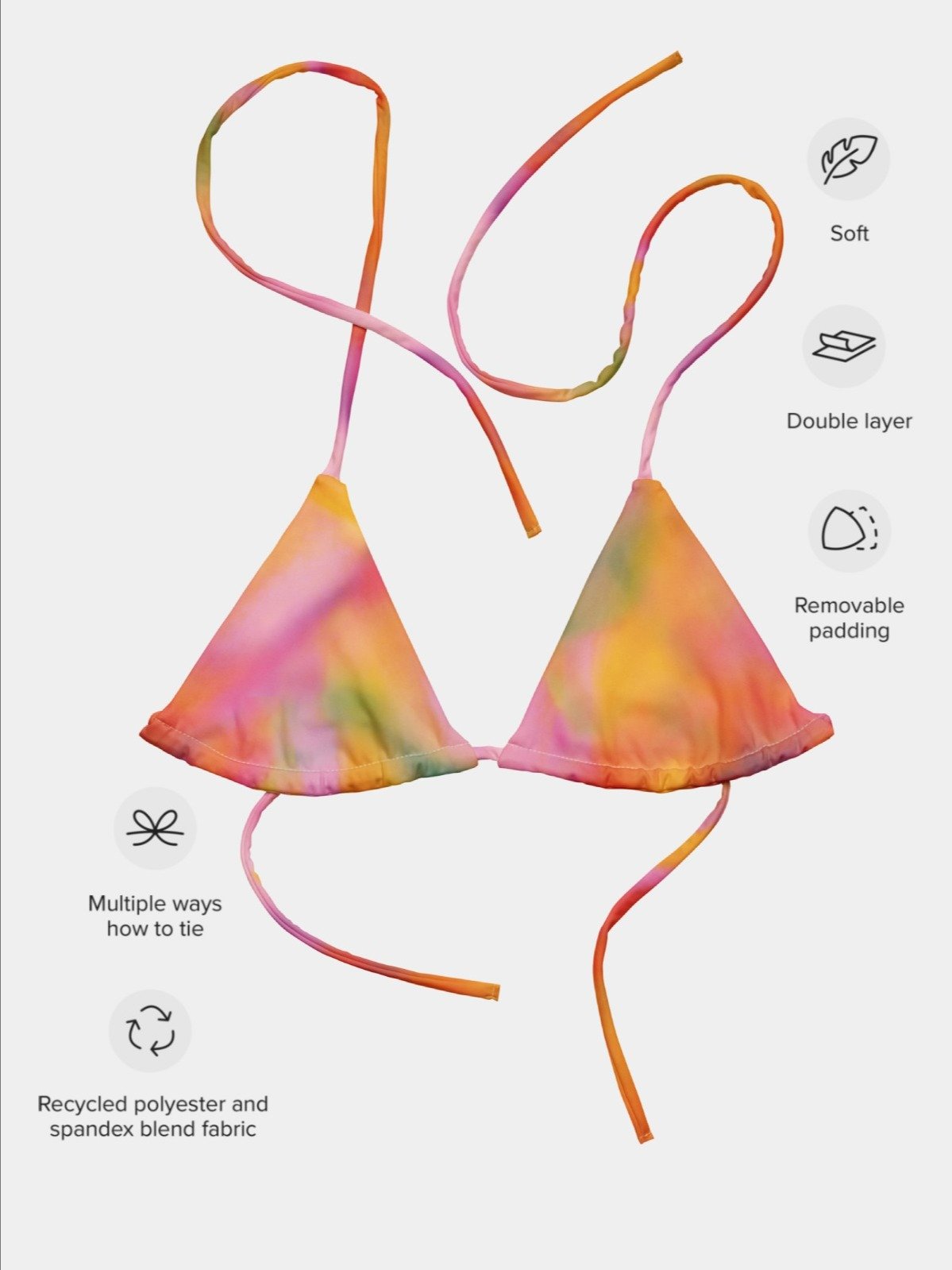 Recycled String Bikini Top "Sweet Pastel Tie Dye in Orange Light Pink" product image (6)