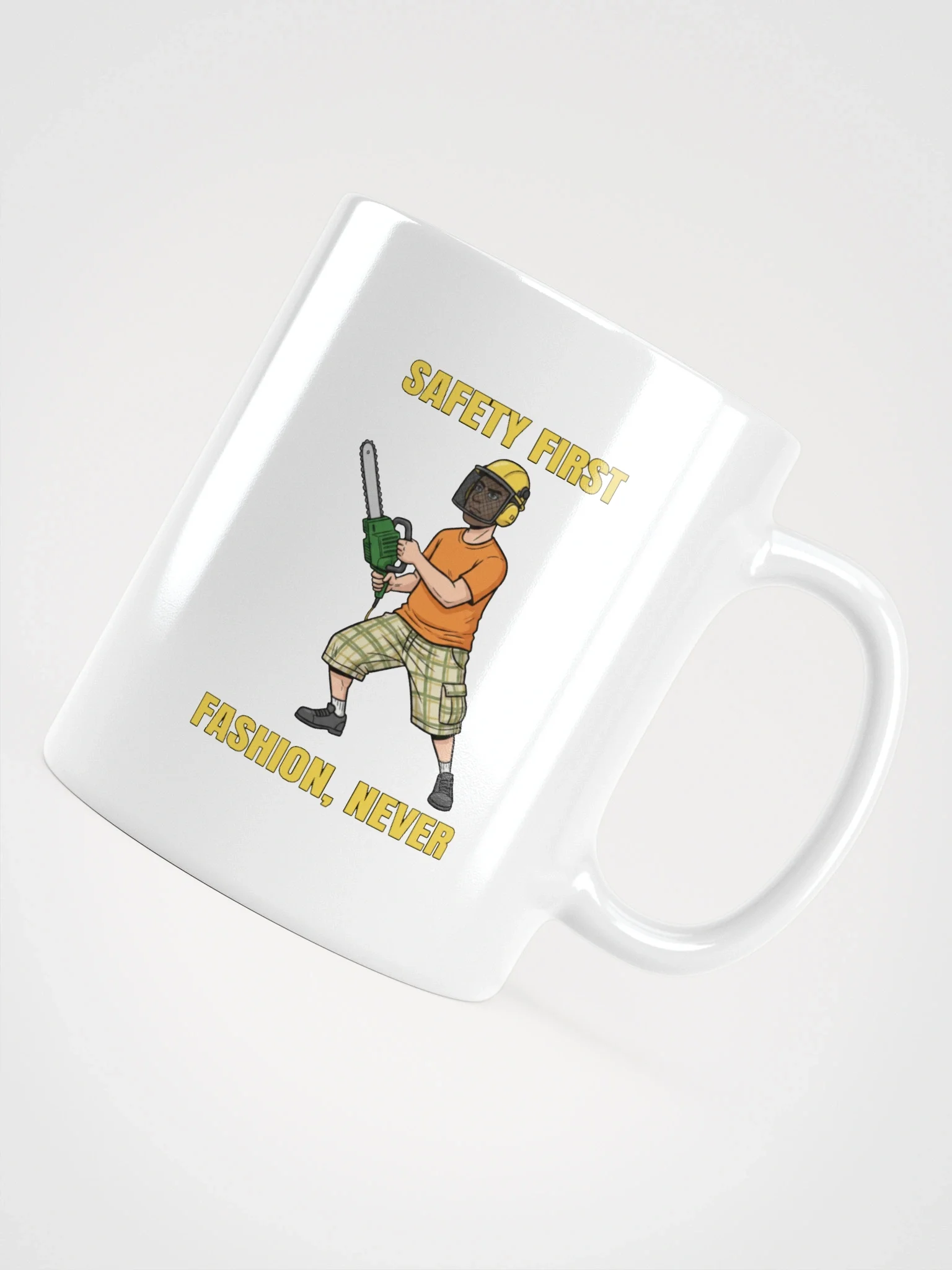 White Glossy Mug with Safety First, Fashion Never product image (5)