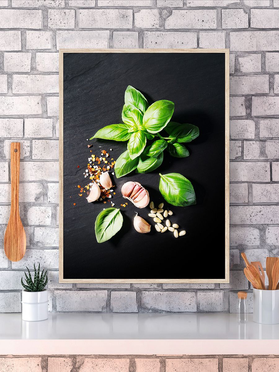 Food kitchen poster: Garlic and basil (Italian, Spanish cuisine) — Kitchen wall decor product image (1)