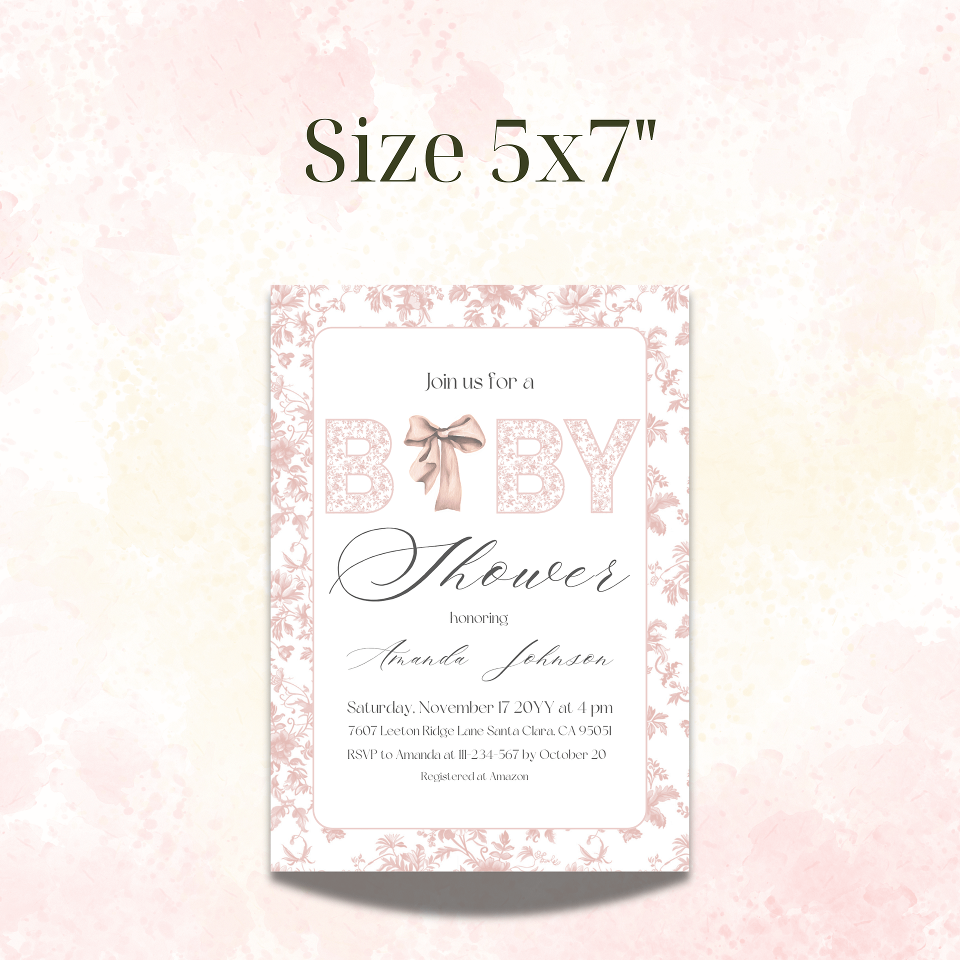 Pink Bow Toile de Jouy Baby Shower Invitation, Chinoiserie Floral Themed Girl Baby Shower Invite for Digital Download | Canva Template product image (4)