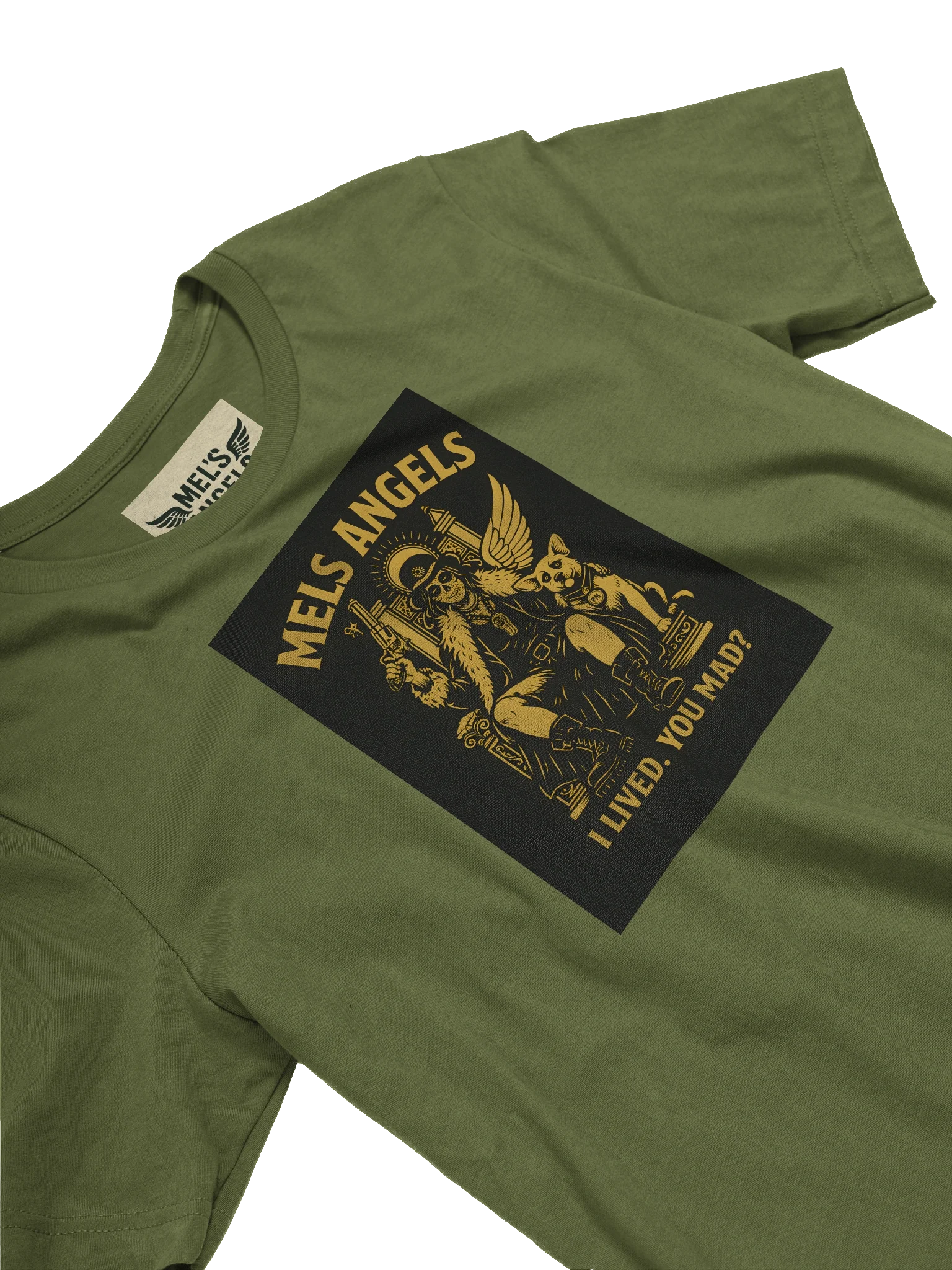 Mel’s Angels “I Lived. You Mad?” Olive T-Shirt – Bella+Canvas Unisex Graphic Tee, Rebel Dog Lover Apparel product image (3)