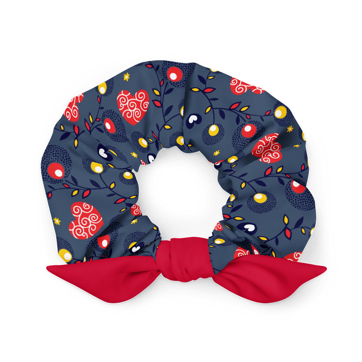 Navy Folk Floral Scrunchie with Red Bow | Sustainable Hair Accessory product image (1)