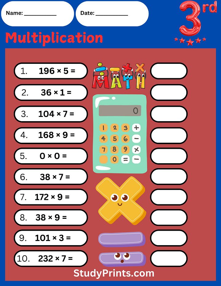 4th Grade Multiplication Worksheet with Answer Key product image (1)