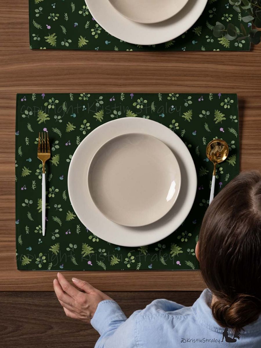 Woodland Ferns & Mushrooms on Dark Green Placemat Set product image (7)