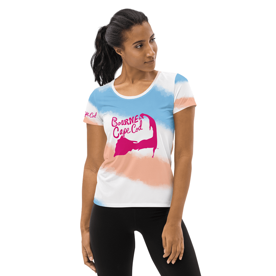 Women's | BOURNE to Cape Cod™ | Sporty Prep Tee ⚓️ | Athletic Style | Pink Logo on Diagonal Patriotic Pastels product image (1)