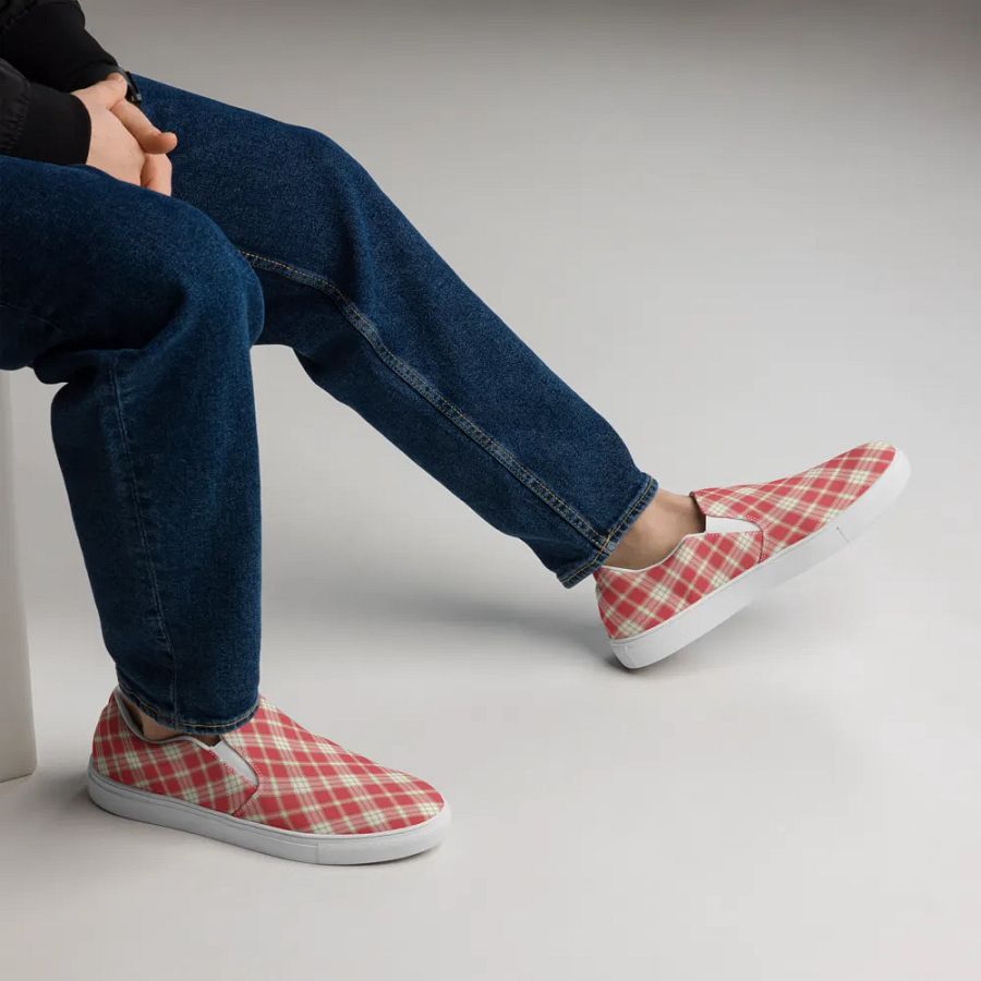 Coral Pink Plaid Men's Slip-On Shoes product image (7)