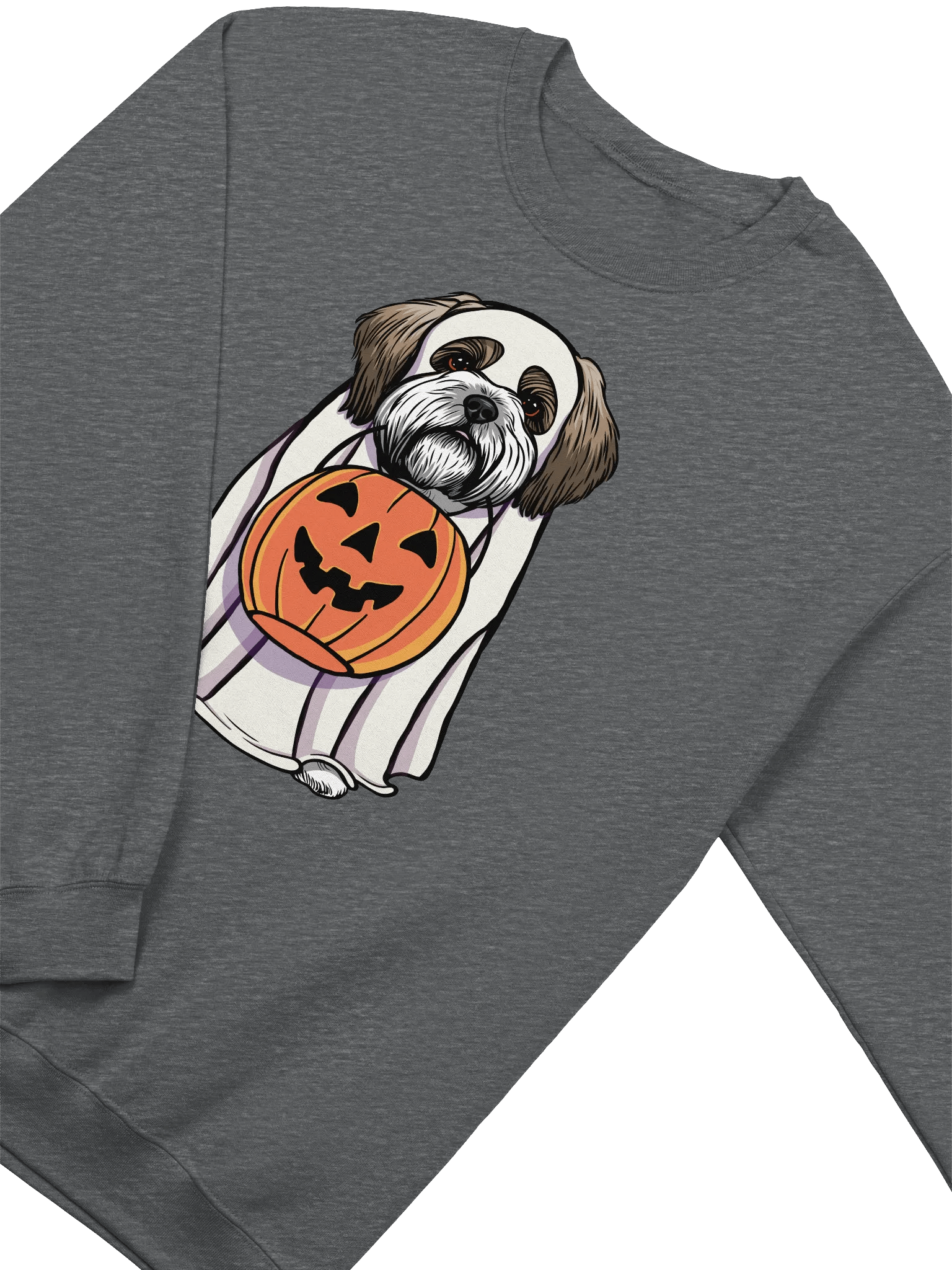 Funny Halloween Shih Tzu Sweatshirt | Funny Dog Wearing a Ghost Costume and Holding a Pumpkin Basket product image (8)