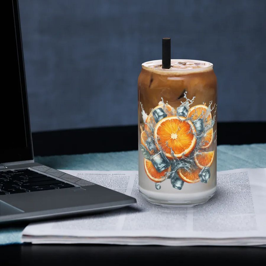 Orange fruit slices floating in the water, water and ice cubes design_01-Can-Shaped Glass product image (3)