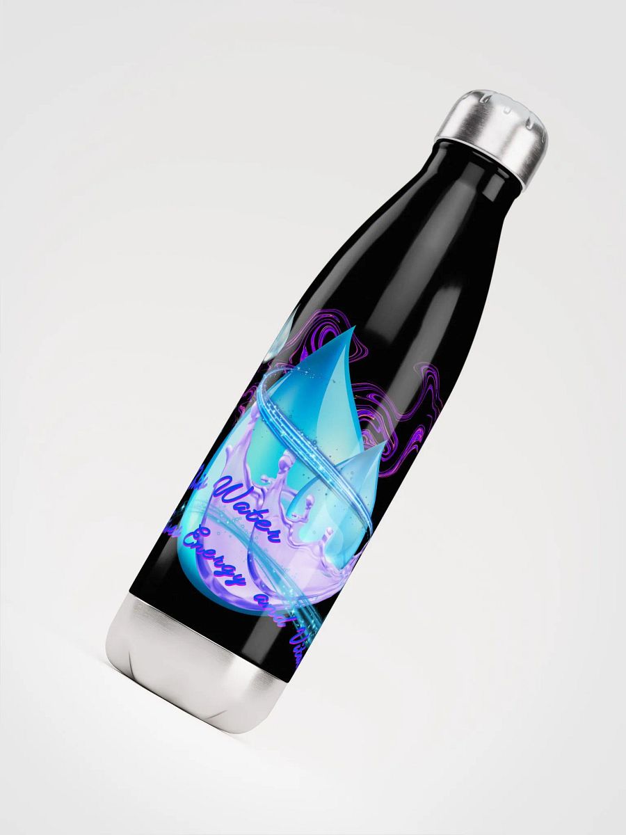 Stainless Steatl water bottle with beautiful swirly blue water drops  featuring ' This water gives energy and vitality