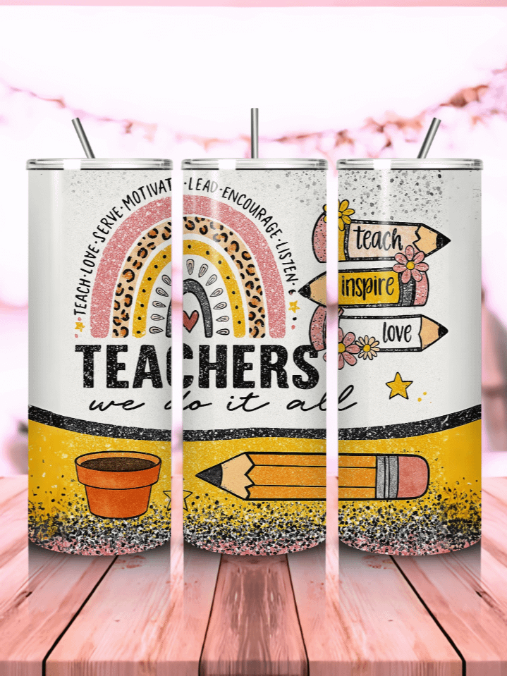 Glitter Teacher Tumbler Wrap PNG – 20oz Skinny Sublimation Design with Sparkly Background, School Elements & Fun Educator Quote – 300 DPI Instant Digital Download product image (1)