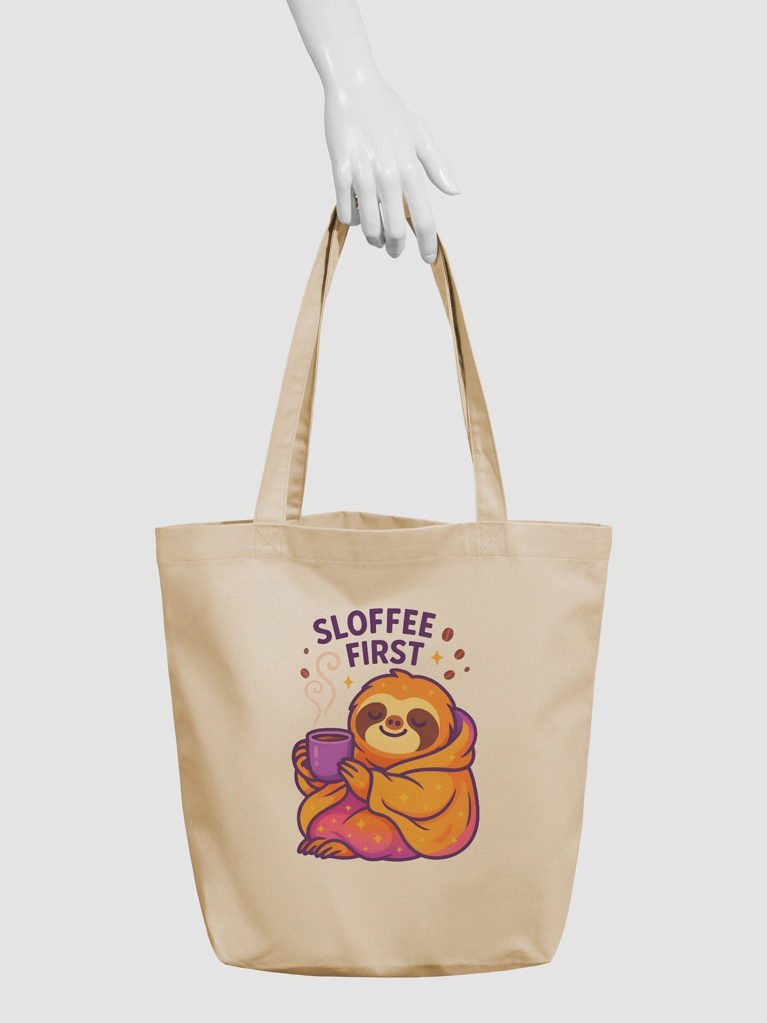 Sloffee First – Funny Sloth Coffee Tote Bag (Double-Sided Print) | Eco Cotton Tote for Caffeine Lovers – Sloths Having Snacks Collection product image (3)