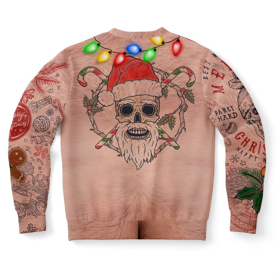Xmas Life Tattoo Christmas Sweater - Hairy Chest Funny Holiday Sweatshirt - Alternative Santa Skull Design with LED String Lights (Unisex) product image (10)