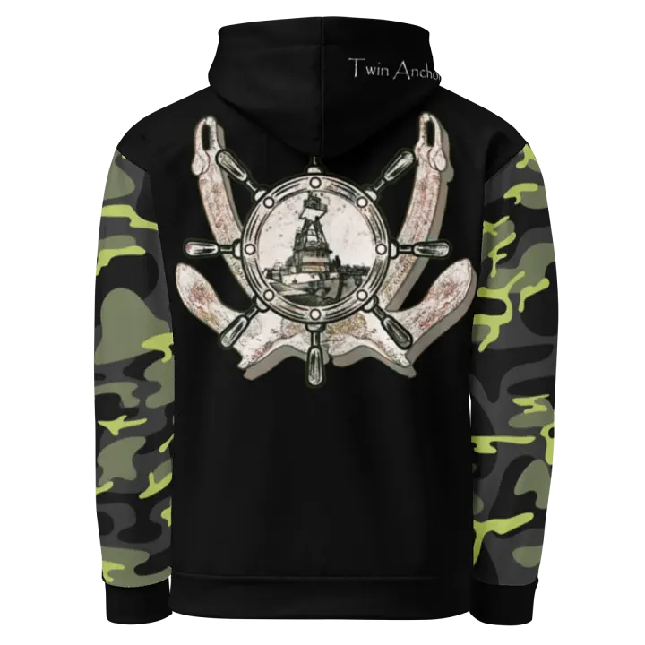 Camouflage & Black Twin anchor ship wheel & Tug CE Hoodie product image (1)