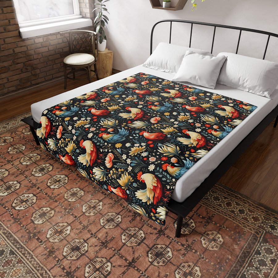 Floral Rooster Blanket - Blue & Red product image (8)