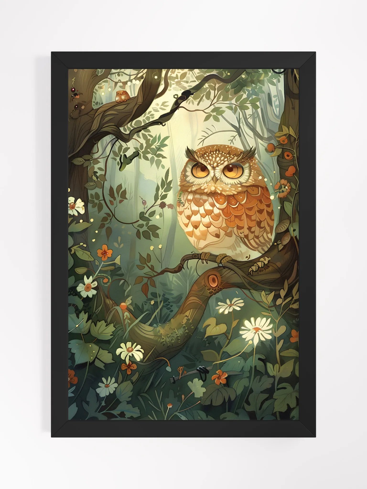 Whimsical owl perched in enchanted forest scenery. product image (1)