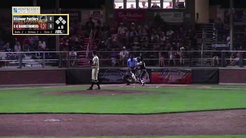 Iyad Ansari of the @ibl_panthers gives them a 7-6 lead over the Barnstormers in Chatham-Kent in the top of the 8th inning