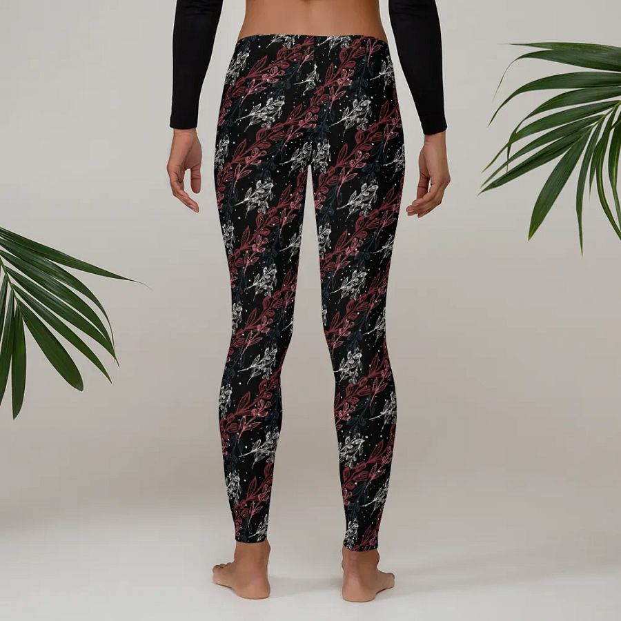Dark Leggings in unusual diagonal red apricot design on black design with slight sparkle. Ideal for that special event or daily workouts product image (3)