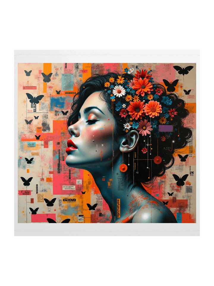 Modern Surreal Portrait Print with Floral Crown and Butterflies product image (1)