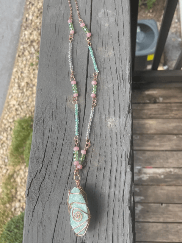 Raw Green Aventurine "Julie" Copper Wrapped Necklace Healing Stone Beaded Chain product image (2)