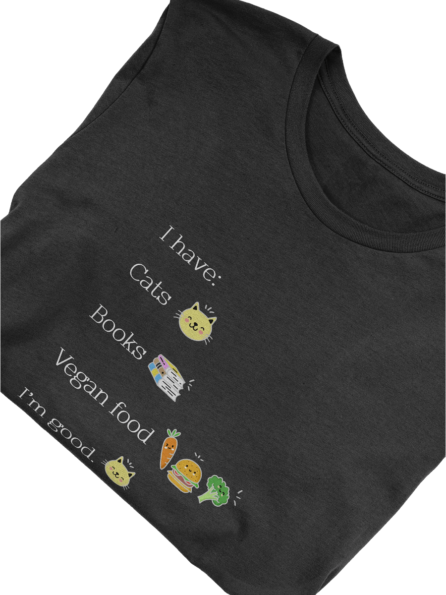 “Cats, Books, Vegan Food” Unisex Black T-Shirt product image (3)