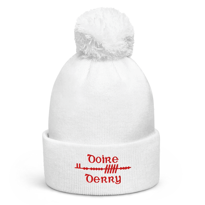 Derry/Doire Scholastic Ogham, white with red, embroidered Pom-Pom Beanie product image (1)