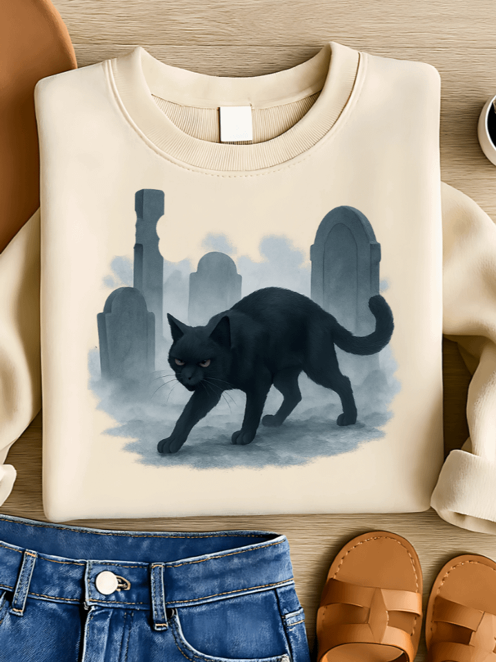 Cemetery Shadows Black Cat Sublimation PNG – Dark Clipart for T-Shirts – Creepy Halloween Theme – 300 DPI Instant Digital Download product image (1)