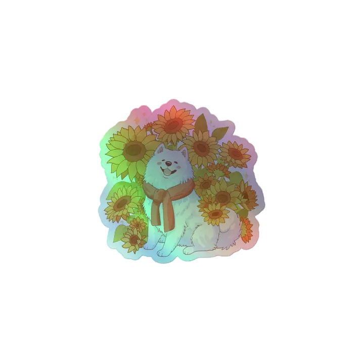 Happy Samoyed fluffy dog surrounded by sunflowers Holographic Sticker product image (2)