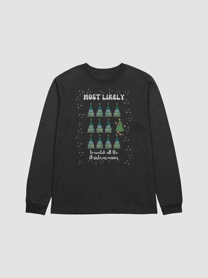 Cheerful Retro Christmas Tree Cartoon Character "Most Likely to Watch All the Christmas Movies" Long Sleeve Tee product image (4)