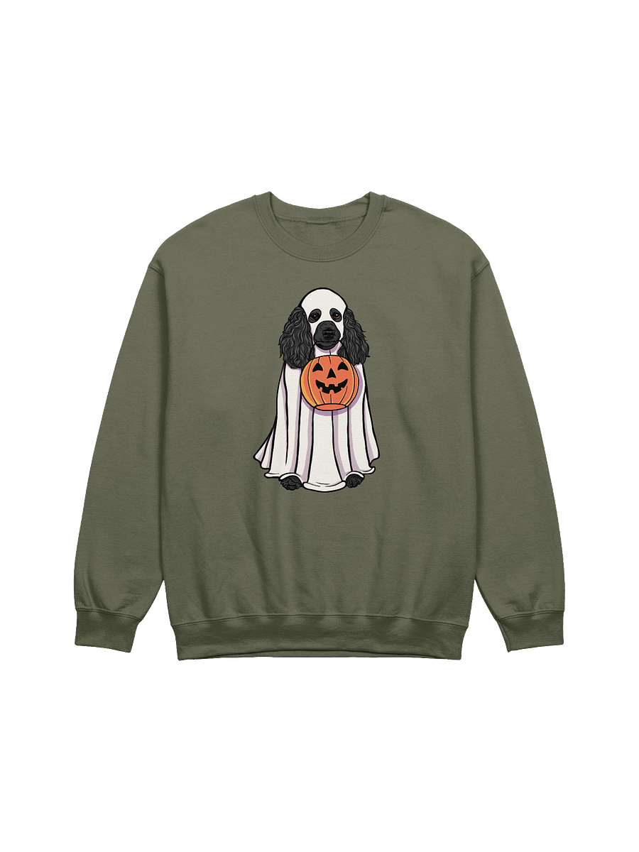 Funny Halloween Poodle(Black) Sweatshirt | Funny Papillon Wearing a Ghost Costume and Holding a Pumpkin Basket product image (13)