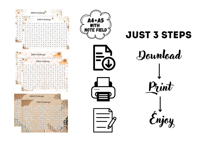 2000 Euro Challenge, 2500 Euro Challenge, Sparhilfe, Bundle, Sofortdruck, Sparchallenge Instant Download Set, A4, A5 Planer Einlagen, Sparen product image (2)