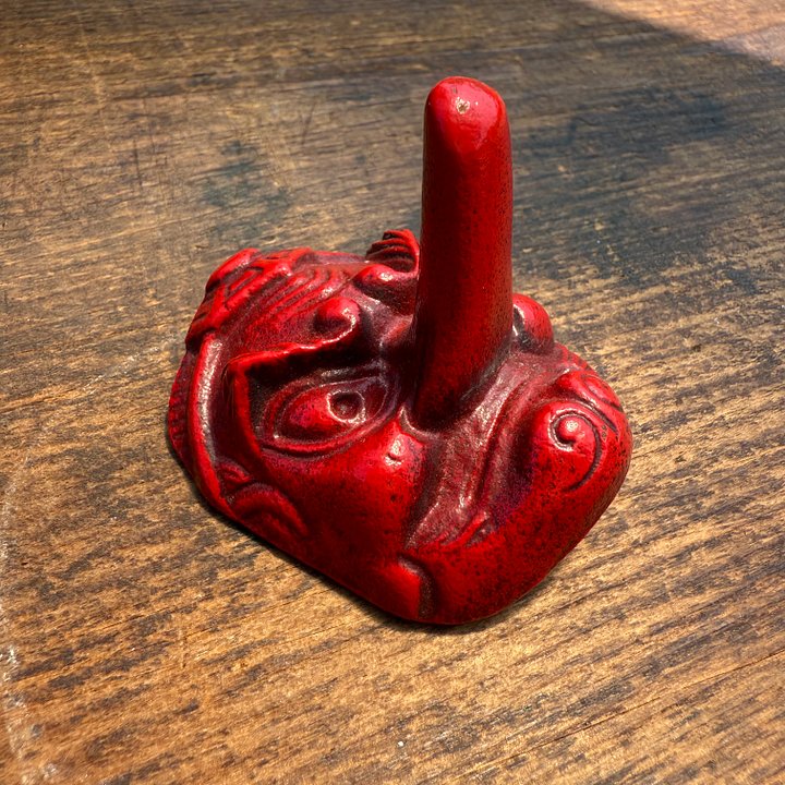 🎎 Iron Tengu Paperweight (Bunchin) – Red Cast Iron Desk Ornament – Japan Antique Roadshow product image (1)