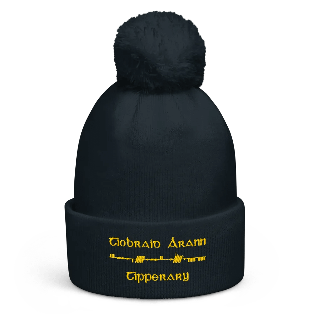Tipperary/Tiobraid Árann Scholastic style Ogham, Navy with Gold, embroidered Pom-Pom Beanie product image (1)