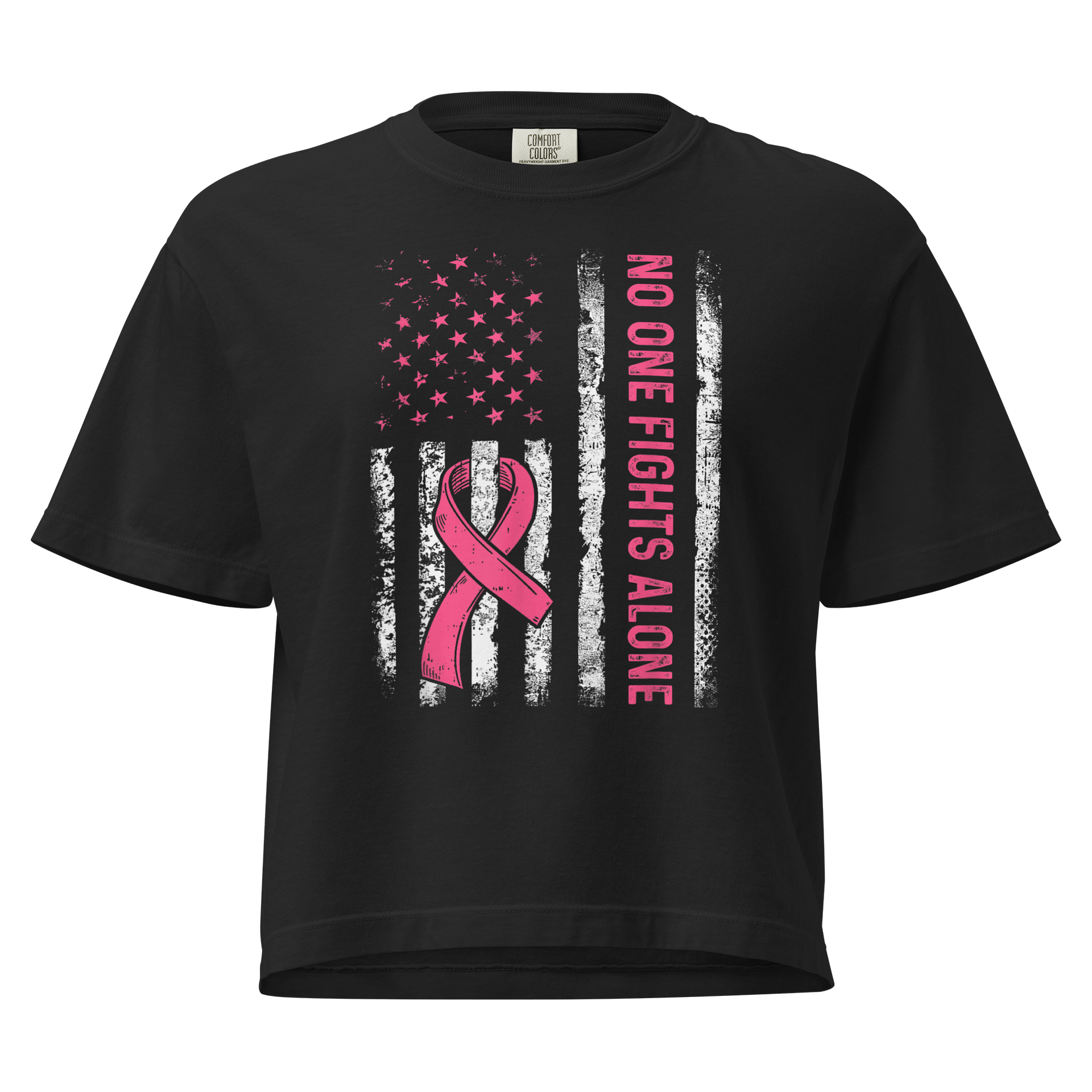 No One Fights Alone - Pink Ribbon American Flag Cancer Heavyweight Boxy T-Shirt product image (1)