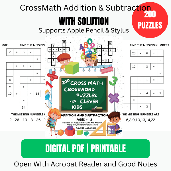 200 Crossmath Puzzles: Addition and Subtraction for Kids (Ages 4-8) | Ebook | Printable PDF product image (1)