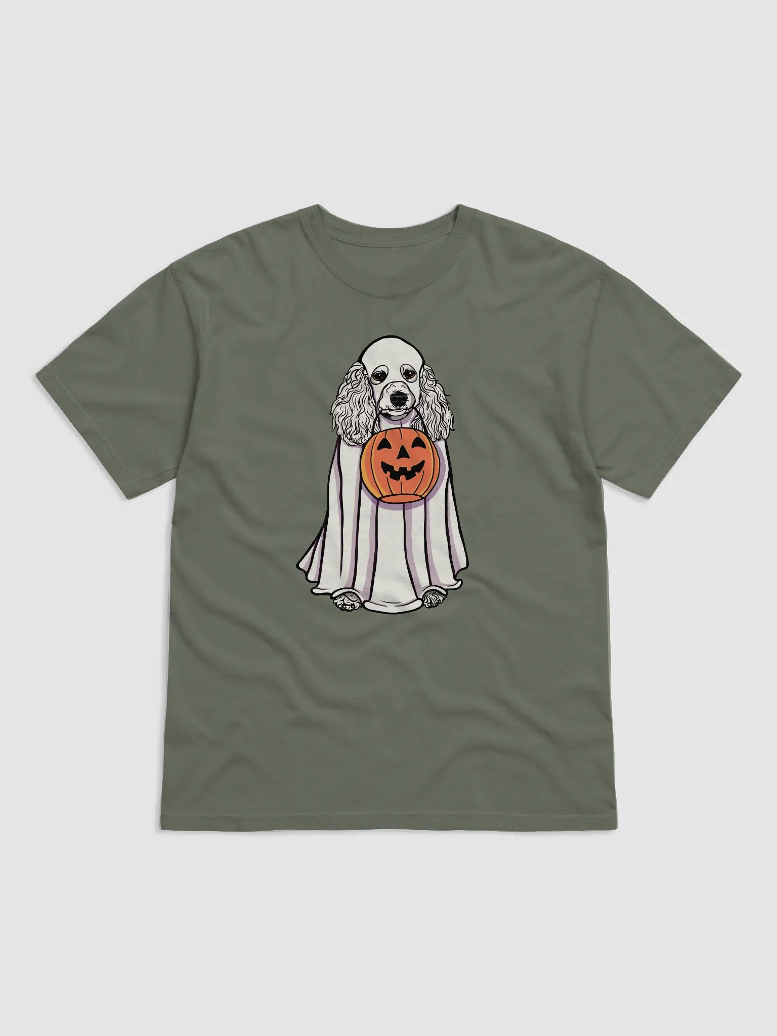 Funny Halloween Poodle(White) T-Shirt | Funny Papillon Wearing a Ghost Costume and Holding a Pumpkin Basket product image (8)
