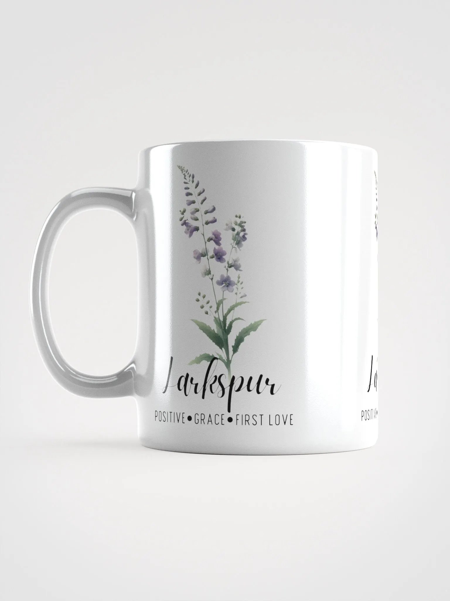 Larkspur Ceramic White Mug: Positive, Grace, First Love, July Birth Month Flower product image (8)