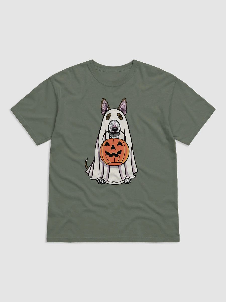 Funny Halloween Bull Terrier(Brindle) T-Shirt | Funny Dog Wearing a Ghost Costume and Holding a Pumpkin Basket product image (12)