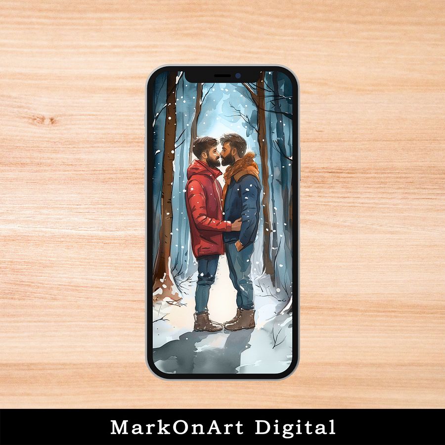 Romantic Gay Couple in the Snow Art For Mobile Phone Wallpaper or Lock Screen | High Res for iPhone or Android Cellphones product image (1)