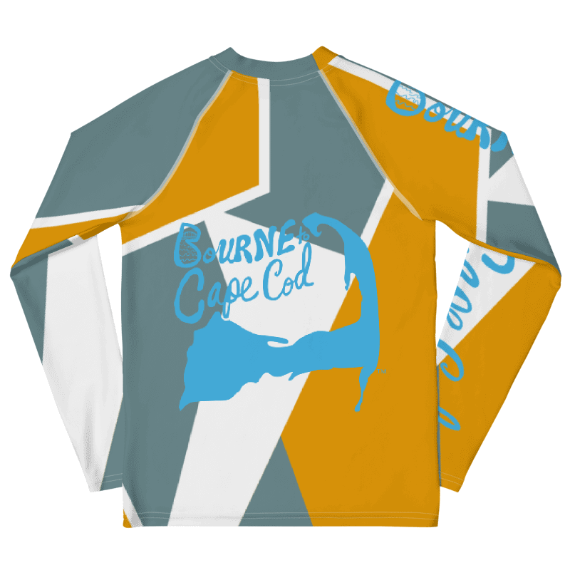 YOUTH | Rash Guard | BRN.2C.C.™ Front Graphic | BOURNE to Cape Cod™ Sleeve & Back Logo | Coastal Swim Shirt for Kids | UV Protection Activewear | Blue Logo | Grey & Dijon Geometric product image (2)